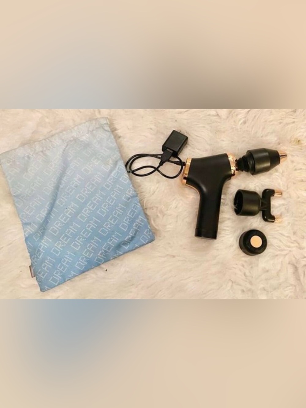 Massage Gun w/ 3 attachments, a charging cord, USB plug and bag